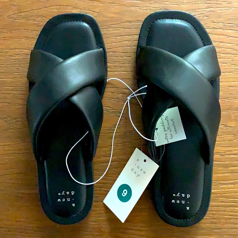 Black faux leather sandals